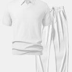 Wave Jacquard Knit V Neck Polo Shirt & Straight Leg Ribbed Pants