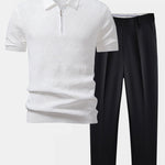 Rhombus Textured Zip Up Knitted Polo Shirt & Slim Fit Tapered Trousers