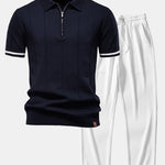 Contrast Trim Zipper Knit Polo Shirt & Straight Leg Ribbed Pants