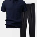 Waffle Johnny Collar Polo With Pocket & Slim Fit Tapered Trousers