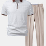 Contrast Trim Textured Zipper Knit Polo & Slim Fit Tapered Trousers