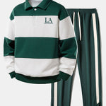 Relax Fit Los Angeles Print Color Block Polo Sweatshirt & Slit Hem Stripe Pants