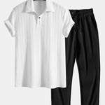 Short Sleeve Jacquard Polo & Straight Leg Ribbed Pants