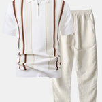 Stripe Knit Zip Up Polo Shirt & Straight Leg Linen Pants