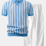 Stripe Johnny Collar Open Knit Polo & Straight Leg Linen Pants