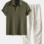 Short Sleeved Waffle Polo & Straight Leg Linen Pants