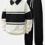 Relax Fit Color Block Patchwork Polo Sweatshirt & Straight Leg Pleated Pintuck Sweatpants