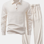 Long Sleeved Knitted Waffle Polo Shirt & Drawstring Knitted Waffle Pants