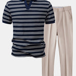 Stripe Waffle Johnny Collar Polo & Slim Fit Tapered Trousers