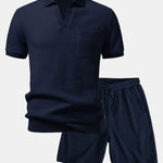 Waffle Johnny Collar Polo With Pocket & Drawstring Knitted Waffle Shorts