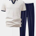 Contrast Knit Waffle Johnny Collar Polo & Slim Fit Tapered Trousers