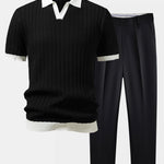 Contrast Textured Johnny Collar Knit Polo & Slim Fit Tapered Trousers
