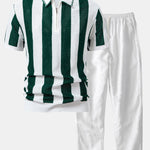 Striped Eyelet Knit Zip Up Polo Shirt & Straight Leg Linen Pants