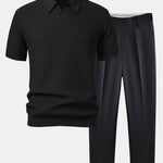 Wave Jacquard Knit V Neck Polo Shirt & Slim Fit Tapered Trousers