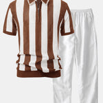 Striped Eyelet Knit Zip Up Polo Shirt & Straight Leg Linen Pants