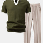 Contrast Knit Waffle Johnny Collar Polo & Slim Fit Tapered Trousers