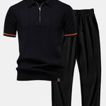 Contrast Trim Zipper Knit Polo Shirt & Straight Leg Ribbed Pants