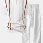 Stripe Knit Zip Up Polo Shirt & Straight Leg Linen Pants