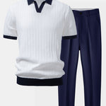 Contrast Textured Johnny Collar Knit Polo & Slim Fit Tapered Trousers