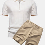 Contrast Trim Zipper Knit Polo Shirt & Cotton Chino Shorts