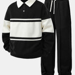 Relax Fit Color Block Patchwork Polo Sweatshirt & Straight Leg Pleated Pintuck Sweatpants