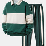 Relax Fit Color Block Polo Collar Sweatshirt & Slit Hem Stripe Pants