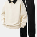 Relax Fit Contrast Polo Sweatshirt & Straight Leg Pleated Pintuck Sweatpants