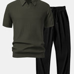 Wave Jacquard Knit V Neck Polo Shirt & Straight Leg Ribbed Pants