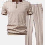 Contrast Trim Textured Zipper Knit Polo & Slim Fit Tapered Trousers
