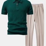 Rhombus Textured Zip Up Knitted Polo Shirt & Slim Fit Tapered Trousers