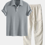 Short Sleeved Waffle Polo & Straight Leg Linen Pants