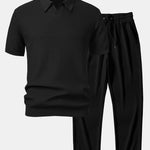 Wave Jacquard Knit V Neck Polo Shirt & Straight Leg Ribbed Pants