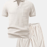 Waffle Johnny Collar Polo With Pocket & Drawstring Knitted Waffle Shorts