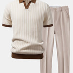 Contrast Textured Johnny Collar Knit Polo & Slim Fit Tapered Trousers