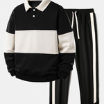Relax Fit Color Block Polo Collar Sweatshirt & Slit Hem Stripe Pants