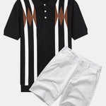 Stripe Geometric Jacquard Knitted Polo Shirt & Cotton Chino Shorts