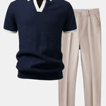 Contrast Knit Waffle Johnny Collar Polo & Slim Fit Tapered Trousers