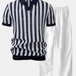 Stripe Johnny Collar Open Knit Polo & Straight Leg Linen Pants