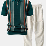 Stripe Knit Zip Up Polo Shirt & Straight Leg Linen Pants