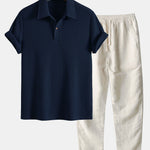 Short Sleeved Waffle Polo & Straight Leg Linen Pants