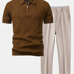 Rhombus Textured Zip Up Knitted Polo Shirt & Slim Fit Tapered Trousers