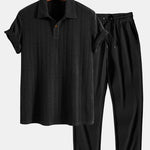 Short Sleeve Jacquard Polo & Straight Leg Ribbed Pants
