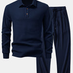 Long Sleeved Knitted Waffle Polo Shirt & Drawstring Knitted Waffle Pants