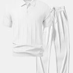 Stripe Jacquard Knit Polo Shirt & Straight Leg Ribbed Pants