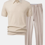 Wave Jacquard Knit V Neck Polo Shirt & Slim Fit Tapered Trousers
