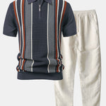 Stripe Knit Zip Up Polo Shirt & Straight Leg Linen Pants