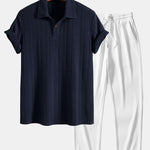 Short Sleeve Jacquard Polo & Straight Leg Ribbed Pants
