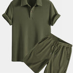 Short Sleeved Waffle Polo & Drawstring Knitted Waffle Shorts