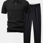 Rhombus Textured Zip Up Knitted Polo Shirt & Slim Fit Tapered Trousers