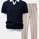 Contrast Textured Johnny Collar Knit Polo & Slim Fit Tapered Trousers